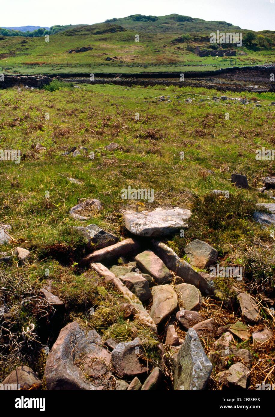 Inver Aulavaig (Sron Daraich N Cist) Bronzezeit-Rundkairn & -Cist, Skye, Schottland, Großbritannien, Blick von WSW nach Allt an Leth-bheinn Inlet & Druim Dubh Summit. Stockfoto