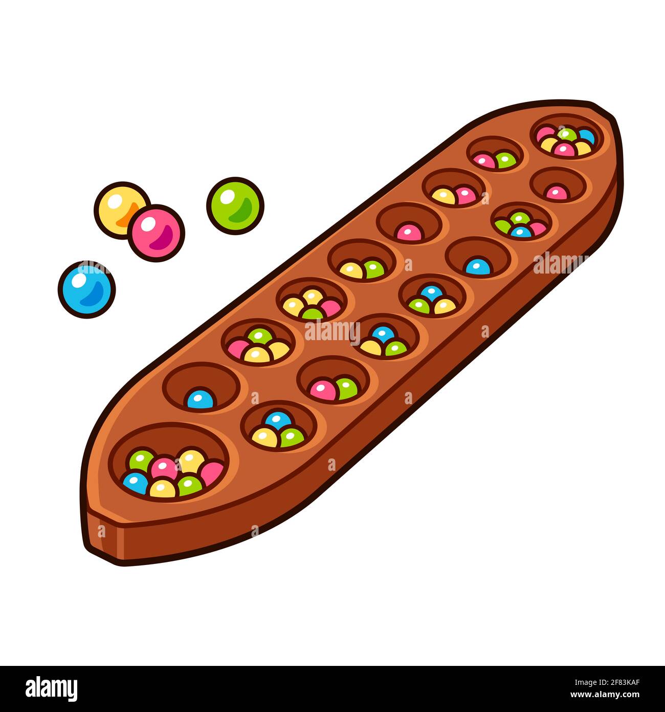 Congkak, südostasiatische Mancala. Traditionelles Tischspiel in Indonesien und Malaysia. Cartoon-Zeichnung, Vektor Clip Art Illustration. Stock Vektor