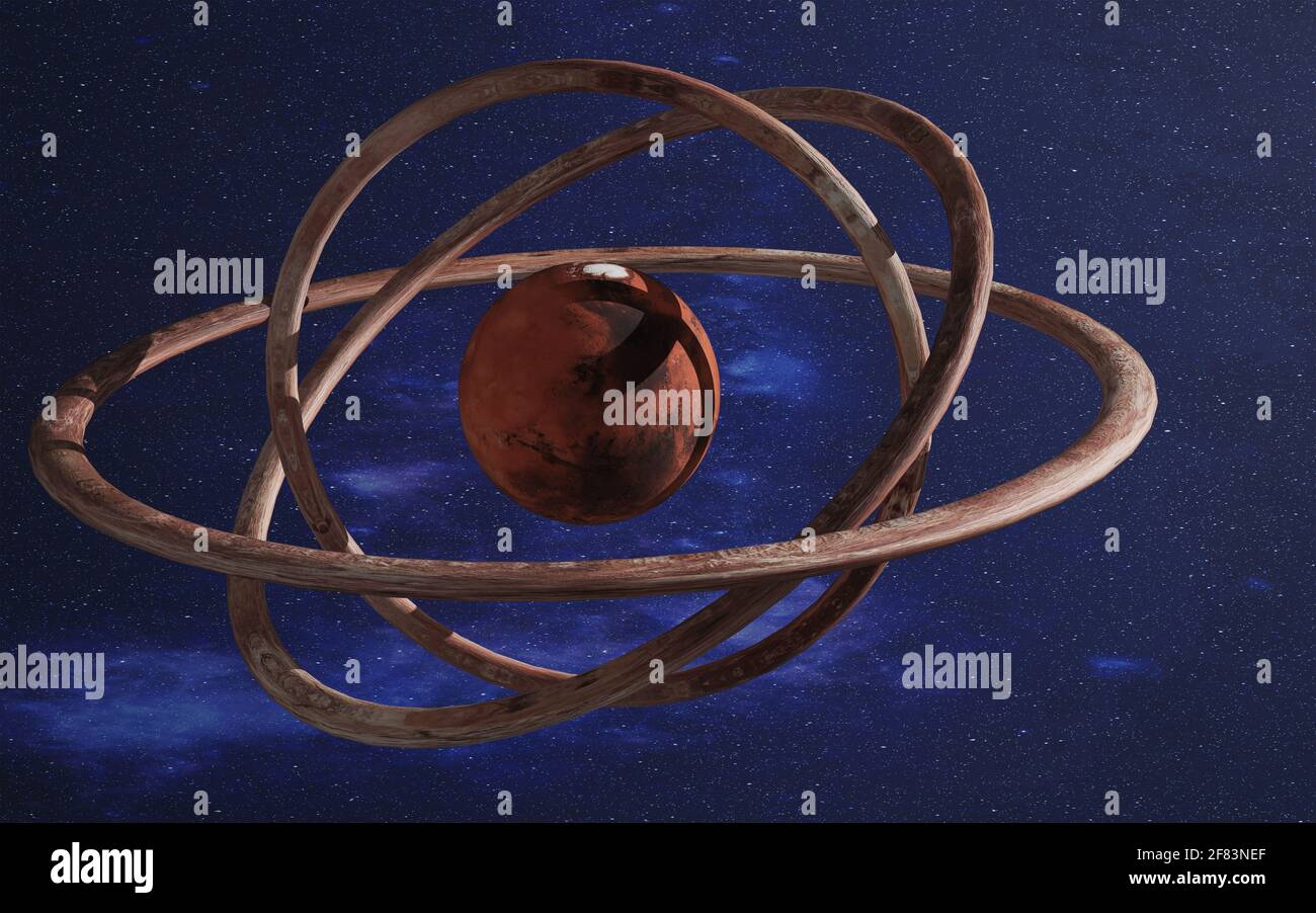 Fantastischer Mars-Planet mit rotem Torusgestein rings um. 3D-gerenderte Illustration. Elemente dieses Bildes, die von der NASA eingerichtet wurden. Stockfoto
