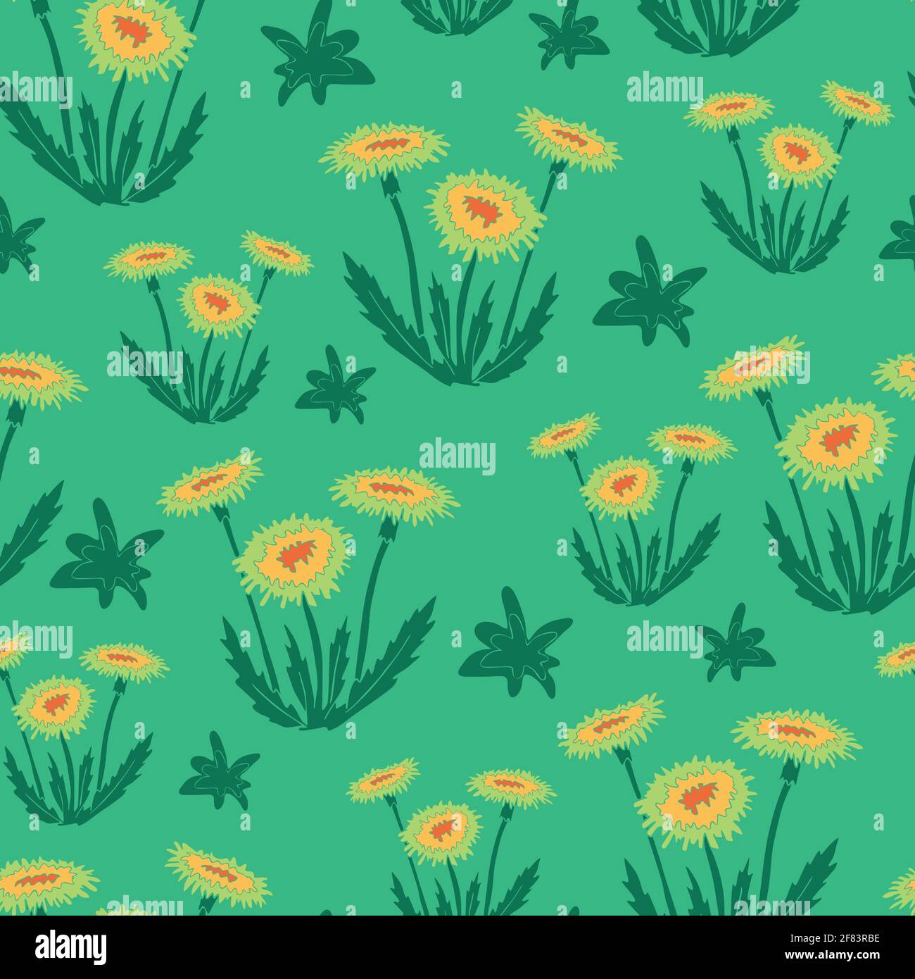 Nahtloses Vektormuster mit Dandelionen auf grünem Hintergrund. Schlichtes florales Tapetendesign. Wildblumen Wiese Mode Textil. Stock Vektor