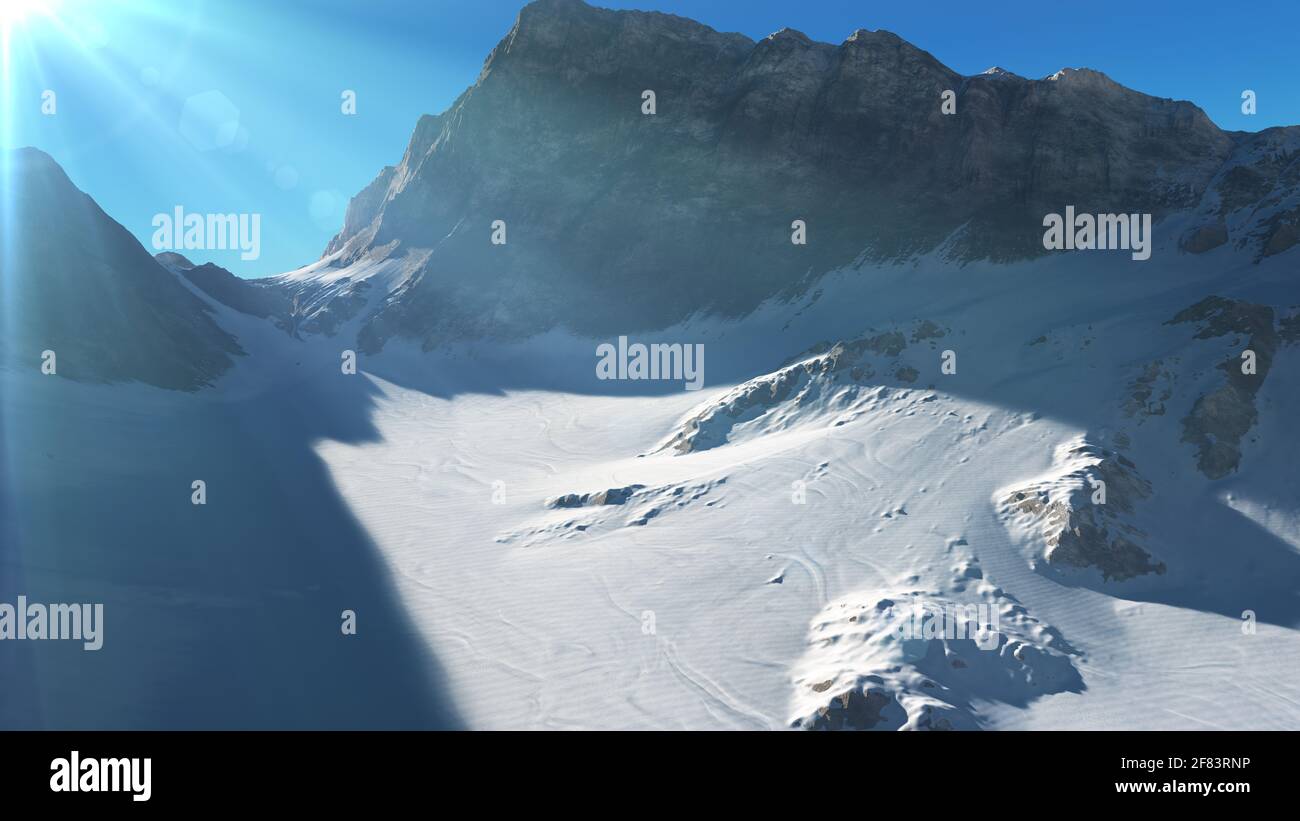 Mountain Snow Sun Ray Illustration, 3d Rendering Stockfoto
