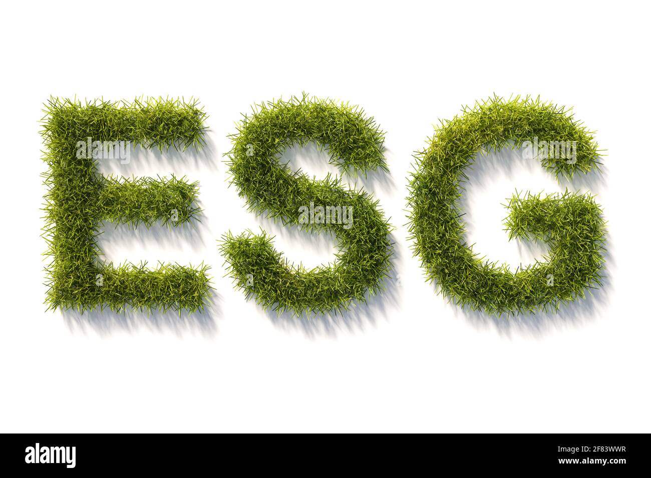 Grüne Grasbuchstaben, isoliert und weiß mit Schatten. Konzept für die Standards von „Environment Social Governance“ (Umweltmanagement) bei Investitionen. Stockfoto