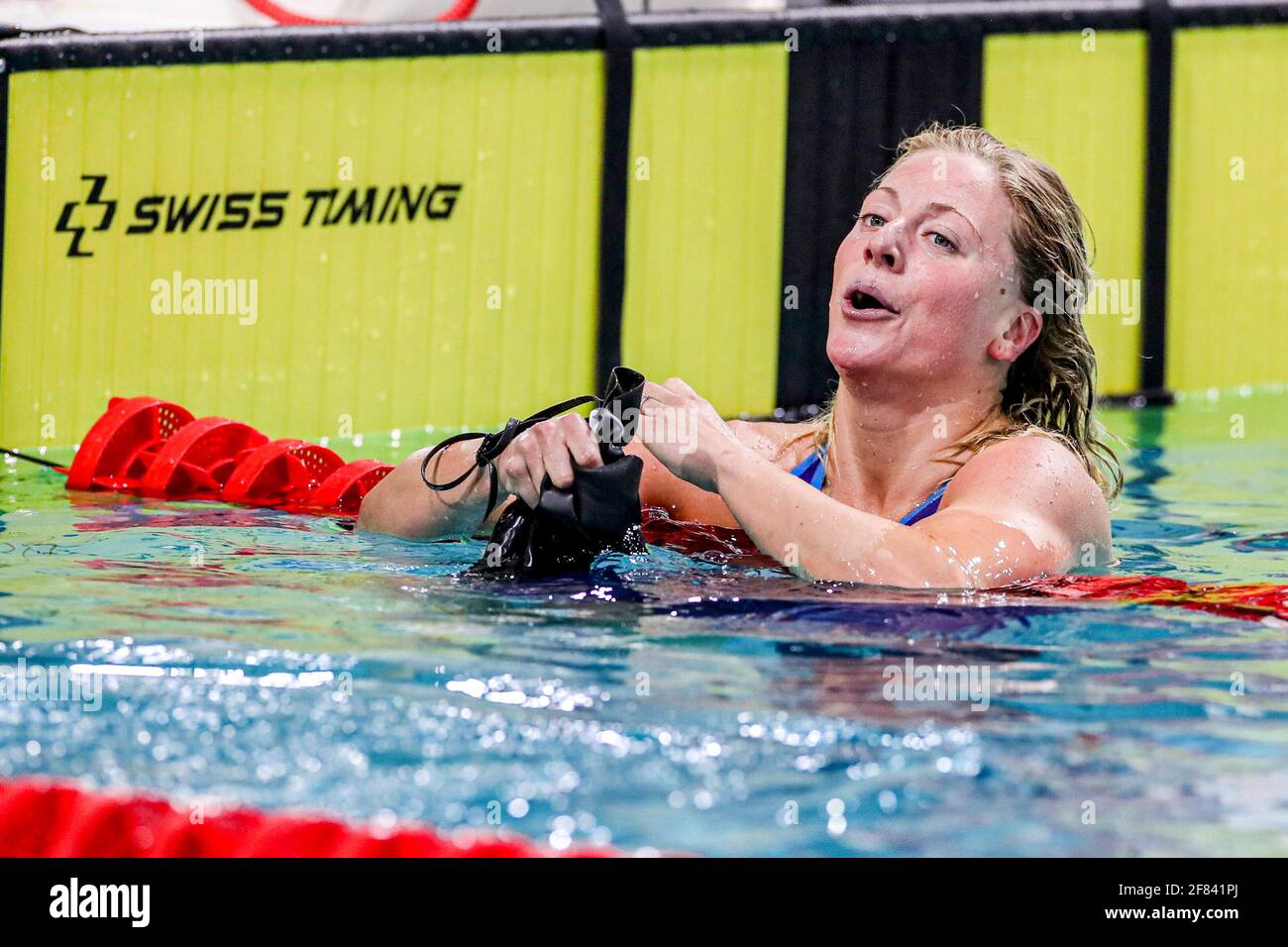 Eindhoven Niederlande 11 April Kira Toussaint Feiert Niederlandischen Seniorenrekord Im Finale Der Frauen Mit 100 M Ruckschlag Wahrend Der Eindhoven Qualificati Stockfotografie Alamy