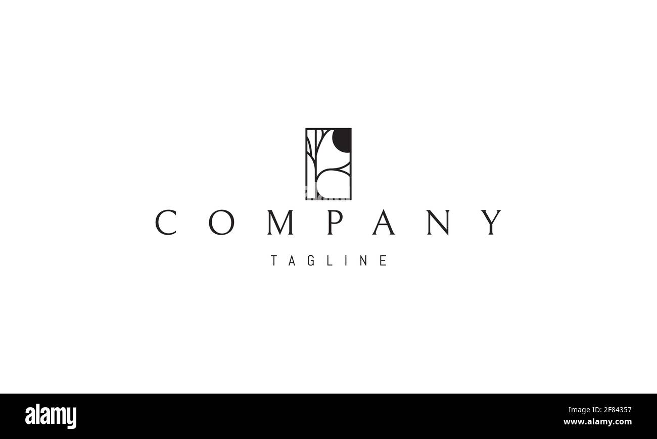 Vektor-Logo, auf dem ein abstraktes Bild eines Baumes unter dem Mond in einem linearen Stil. Stock Vektor