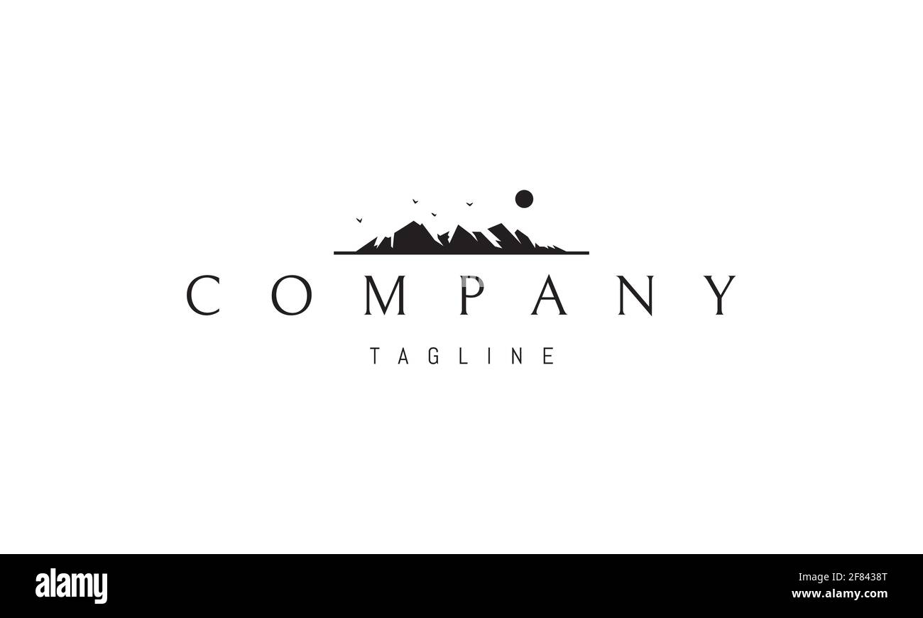 Vektor-Logo, auf dem ein abstraktes Bild einer Bergkette mit der untergehenden Sonne und Vögeln. Stock Vektor