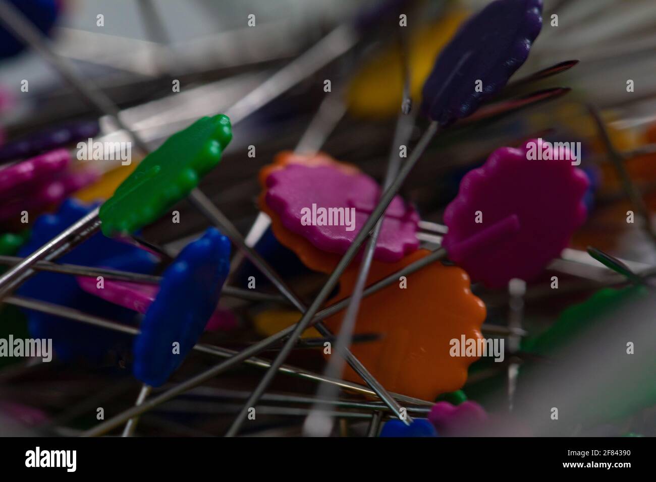 Nahaufnahme eines Nadelkopfes mit Verschiedene Farben Stockfoto