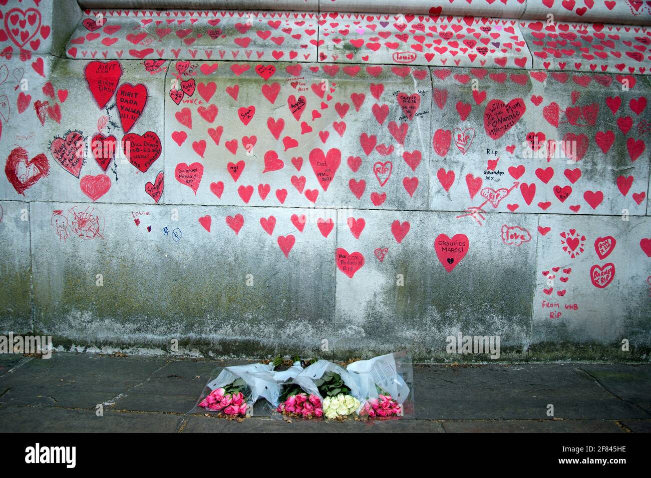 Southbank, London, England, Großbritannien. National Covid Memorial Wall. Rote Herzen, um diejenigen zu verharmlosen, die an Covid gestorben sind. Stockfoto