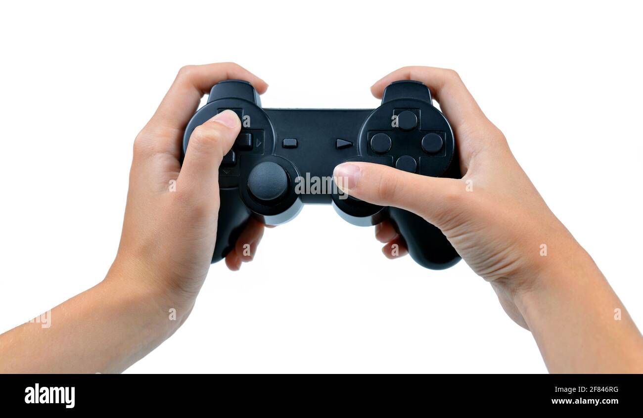 Game Controller in der Hand isoliert auf weißem Hintergrund. Stockfoto