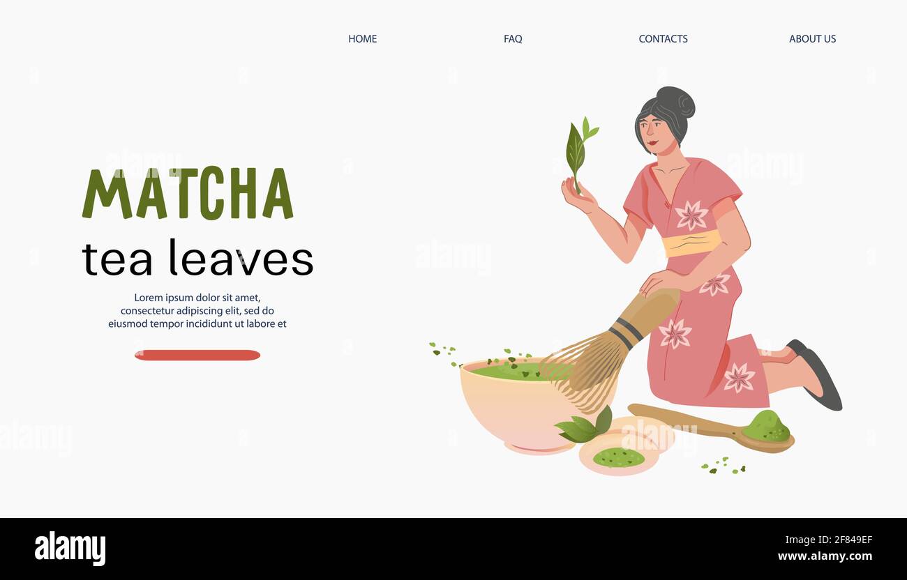 Matcha grüner Tee Website Banner-Vorlage mit Frau Tee brauen, flache Vektor. Stock Vektor