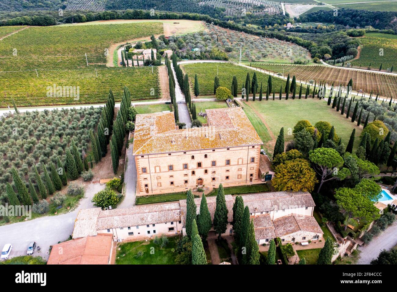 Luftaufnahme, Anwesen Antico Brunello, mit Olivenbäumen und Zypressen, Argiano, Sant'Angelo in Colle, Provinz Siena, Toskana, Italien Stockfoto