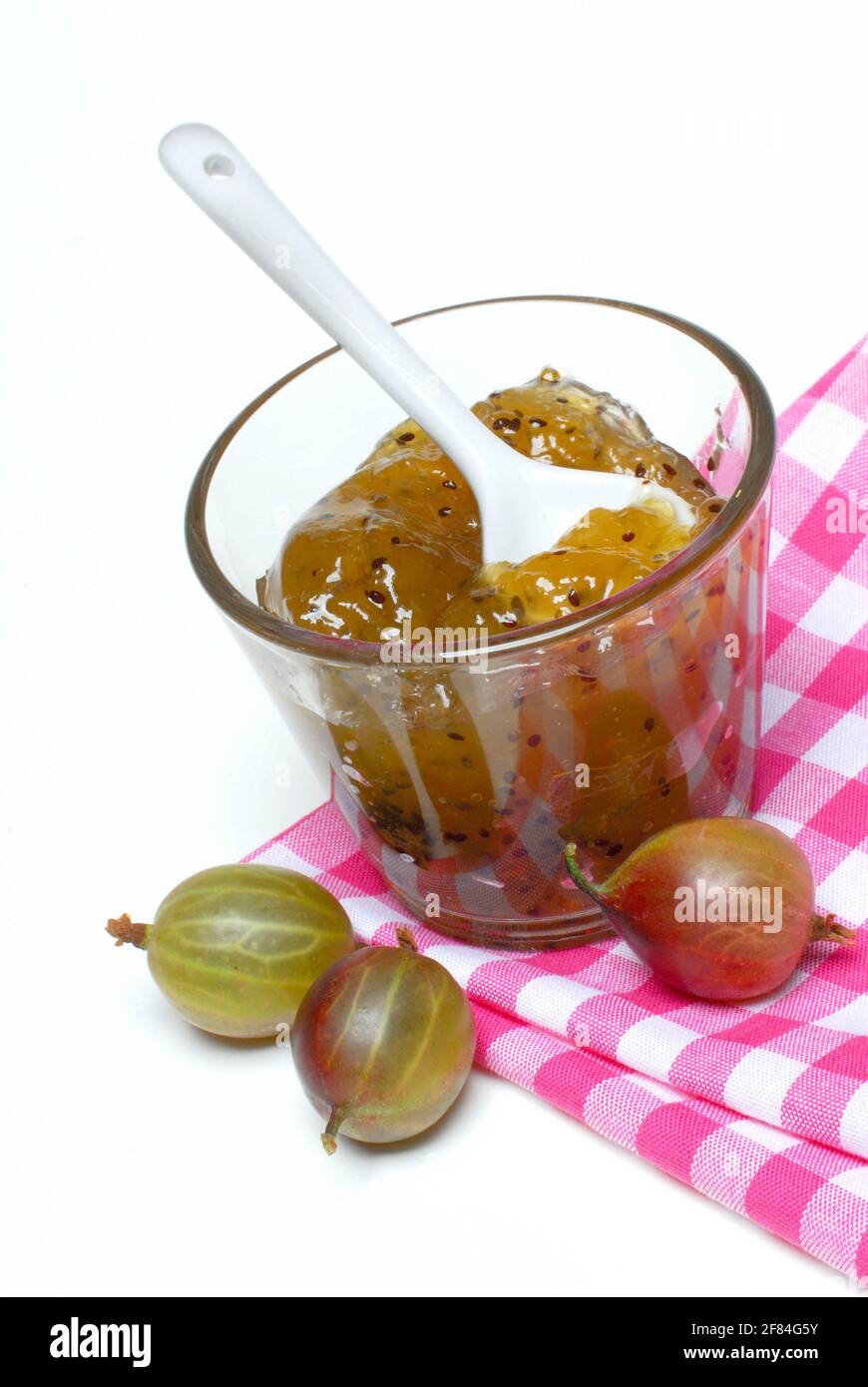 Glas Stachelbeermarmelade und Stachelbeeren (Ribes uva-Crispa), Stachelbeermarmelade, Marmelade Stockfoto