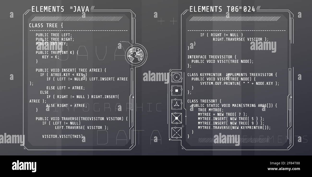HUD Interface-Elemente mit einem Teil des Codes Java. Stock Vektor