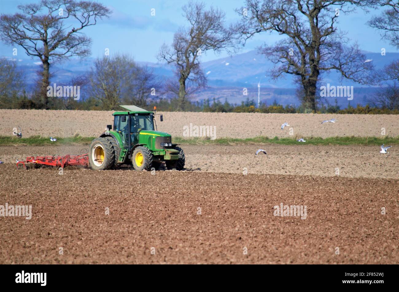 John Deere Traktor Ackerbau zur Vorbereitung auf Getreideernte Aussaat Stockfoto