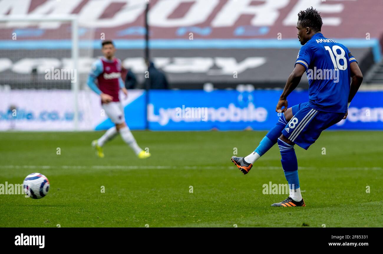 London, Großbritannien. April 2021. Daniel Amartey vom FC Leicester City beim Premier League-Spiel zwischen West Ham United und Leicester City am 11. April 2021 im London Stadium, Queen Elizabeth Olympic Park, London, England. Foto von Phil Hutchinson. Nur zur redaktionellen Verwendung, Lizenz für kommerzielle Nutzung erforderlich. Keine Verwendung bei Wetten, Spielen oder Veröffentlichungen einzelner Clubs/Vereine/Spieler. Kredit: UK Sports Pics Ltd/Alamy Live Nachrichten Stockfoto
