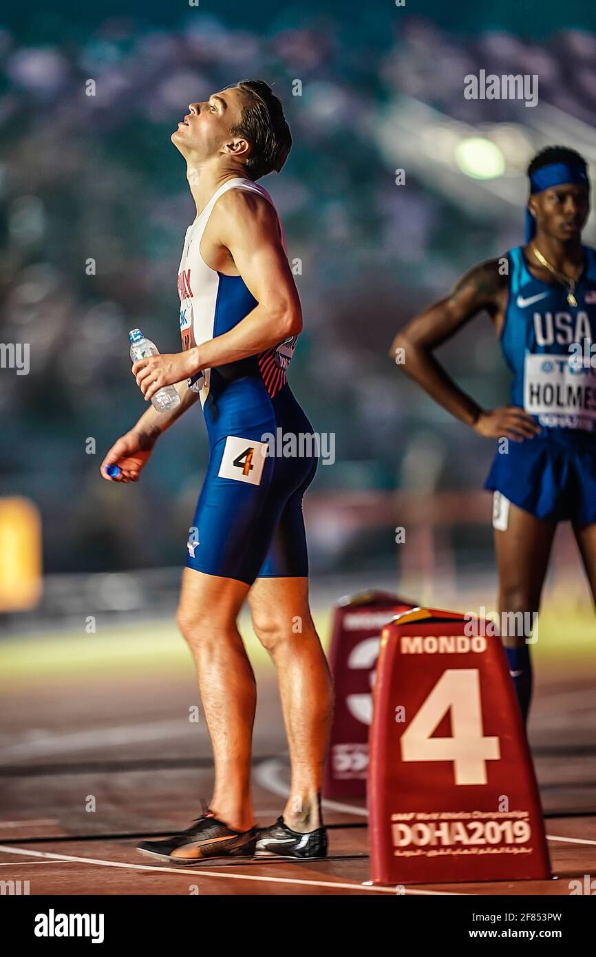 Doha 2019. Karsten Warholm beim Start der 400-Meter-Hürden bei den Weltmeisterschaften 2019. Stockfoto