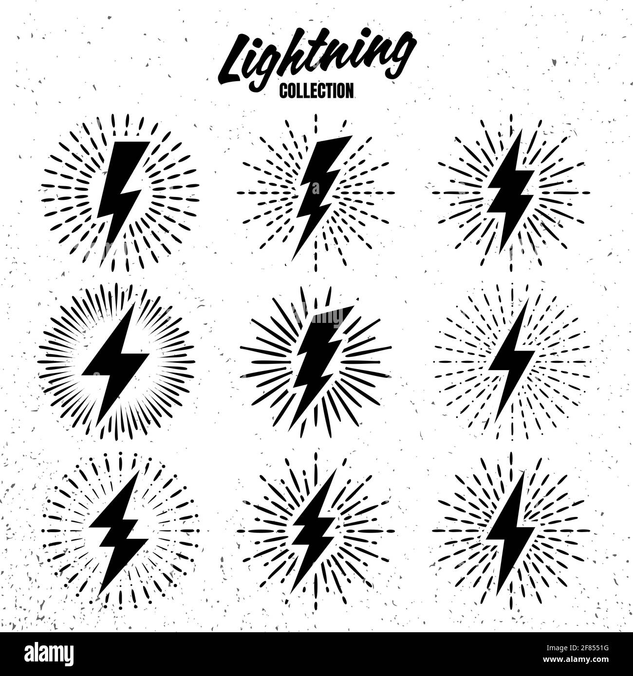 Set von Vintage Blitze und Sonnenstrahlen auf grunge Hintergrund. Blitze mit Sunburst-Effekt. Thunderbolt, Schild für elektrischen Schlag. Vektor Stock Vektor