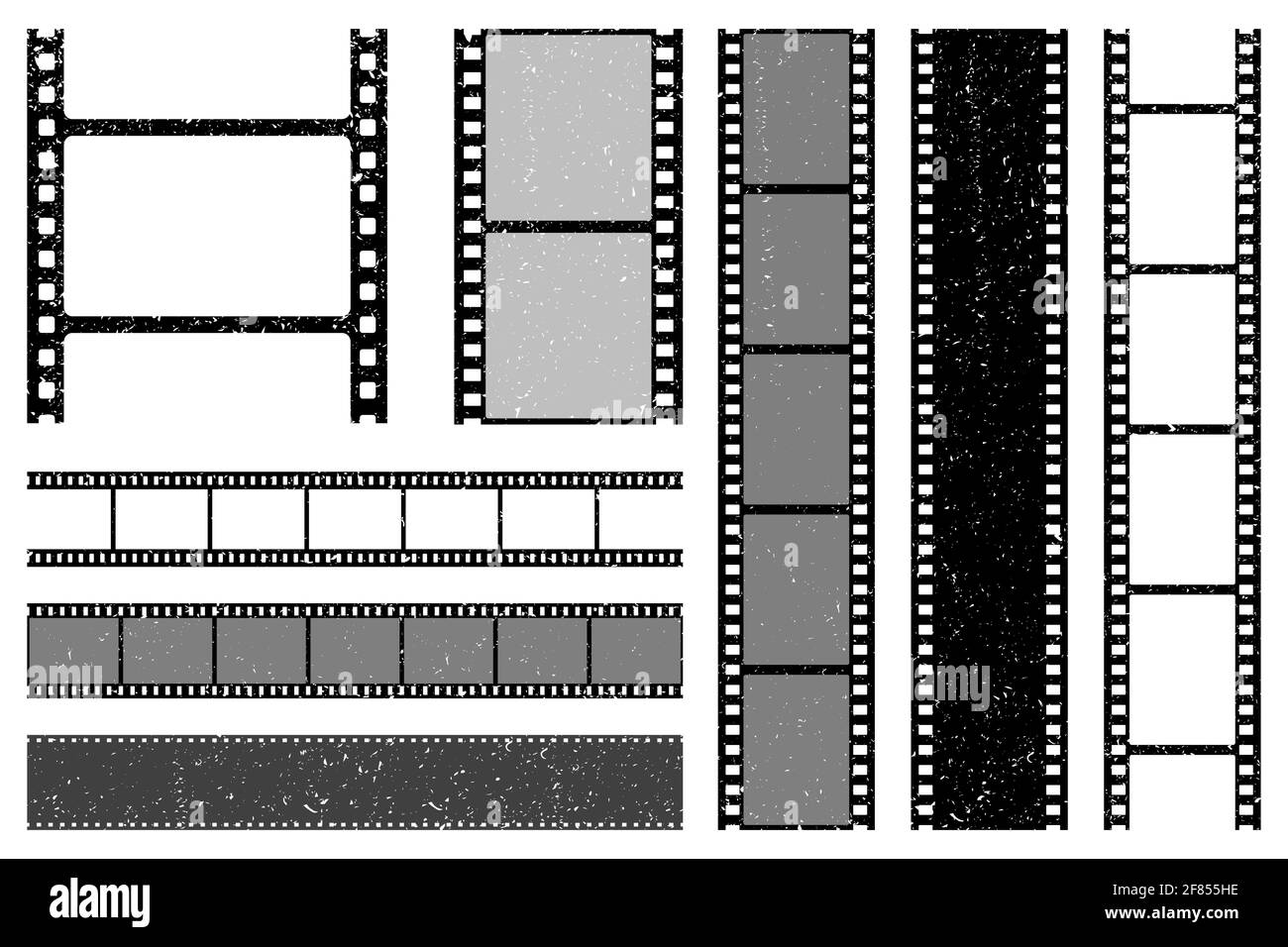 Grunge Filmstreifen Kollektion. Alte Retro-Kino-Filmstreifen. Videoaufzeichnung. Vektorgrafik. Stock Vektor