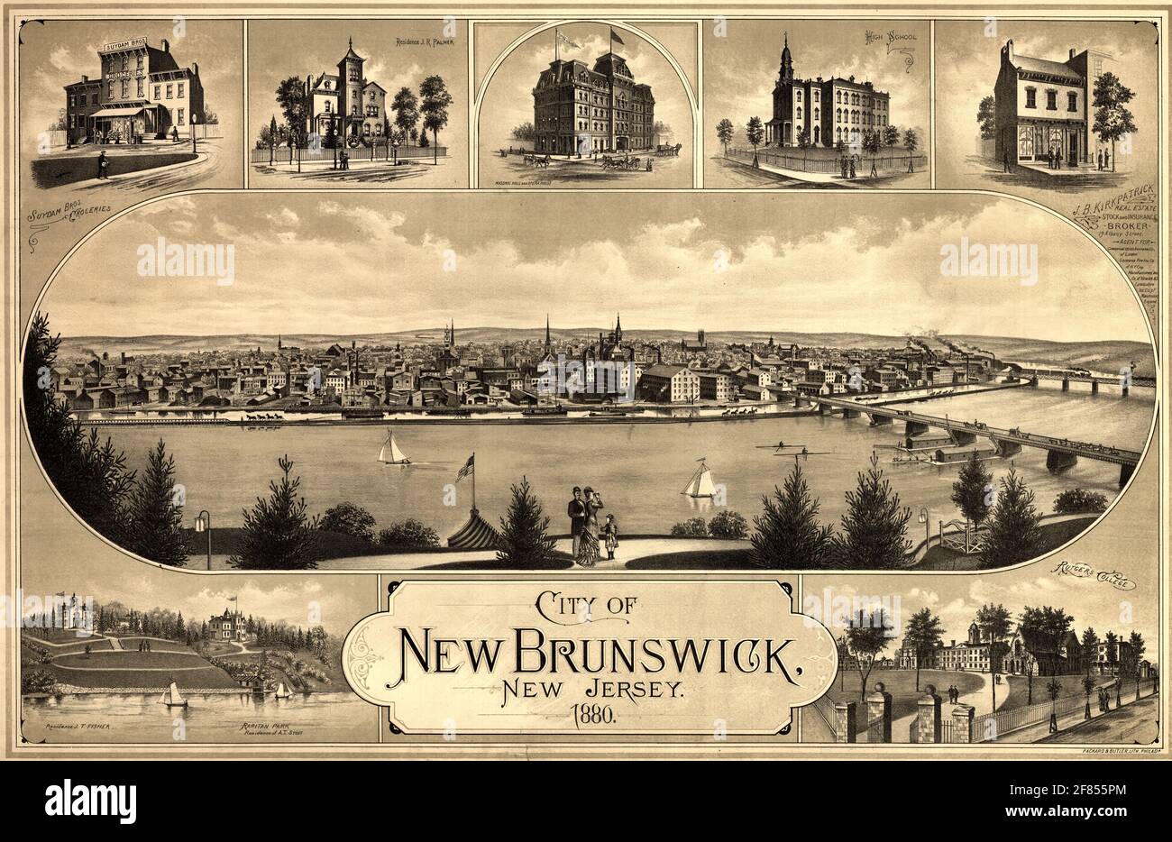 Aus der Vogelperspektive betrachtet, zeigt New Brunswick, New Jersey, den Raritan River im Vordergrund; Vignetten von prominenten Gebäuden, wie dem Rutgers College, bilden den oberen und unteren Rand 1880 Stockfoto
