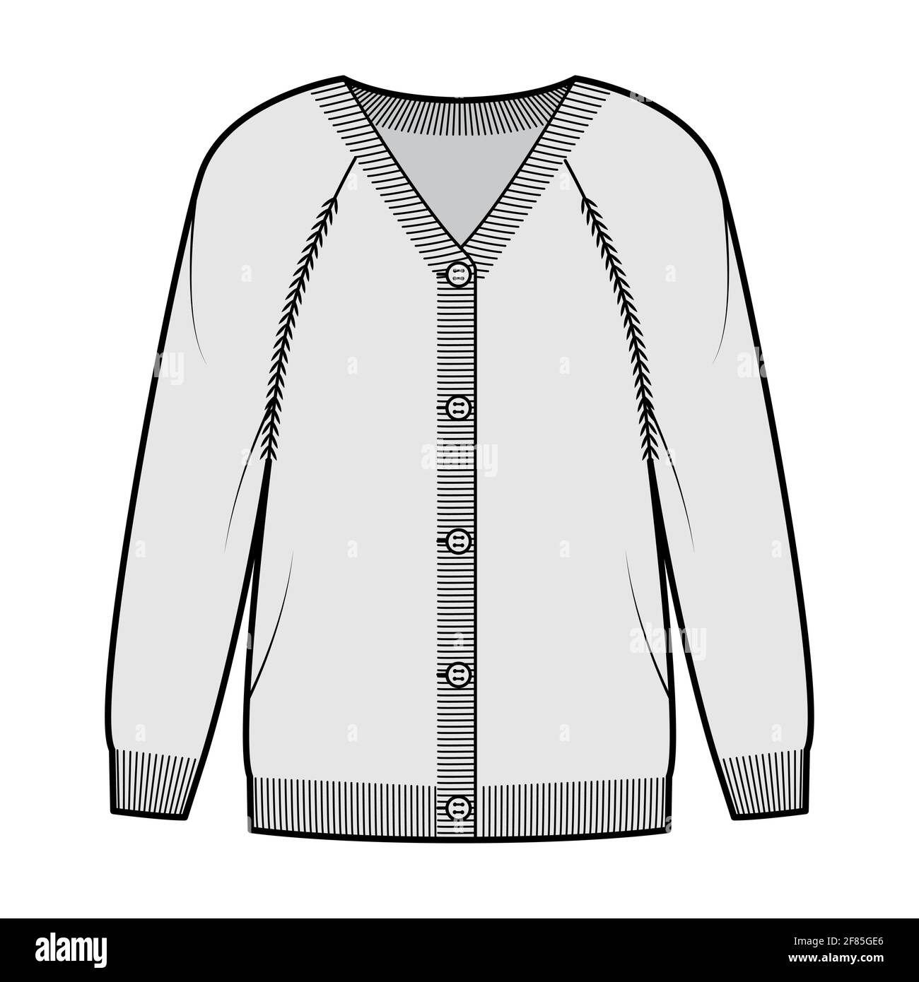 Pullover Strickjacke technische Mode-Illustration mit V-Ausschnitt, langen Raglan-Ärmeln, übergroß, Fingertipp-Länge, Rippenstrick-Besatz. Flatwear Front, grau gehalten. Frauen, Männer Unisex-CAD-Modell Stock Vektor