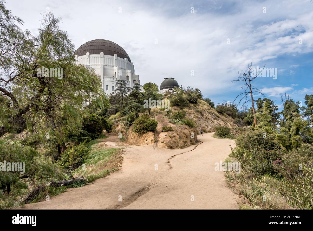 Blick auf den Wanderweg zum Griffith Observatory an einem wunderschönen Tag macht sich ein Wanderer auf den letzten steilen Weg. Stockfoto