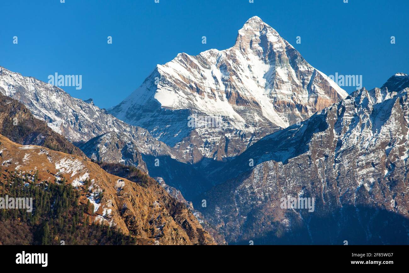 Mount Nanda Devi, eines der besten Reittiere im indischen Himalaya, von Joshimath Auli aus gesehen, Uttarakhand, Indien Stockfoto