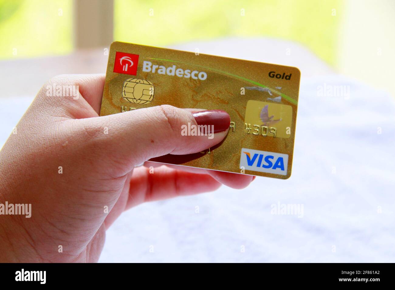salvador, bahia / brasilien - 10. november 2013: Frau Hand hält Bradesco Visa Kreditkarte. *** Ortsüberschrift *** Stockfoto