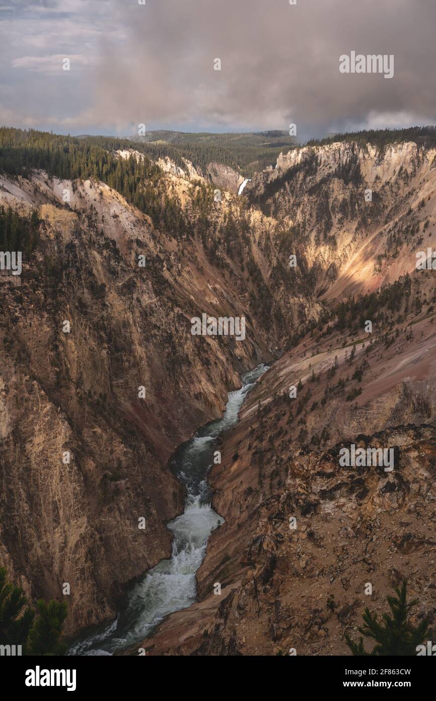 Morgenlicht bricht durch Wolken über dem Yellowstone River vom Blick Auf Den Canyon Stockfoto