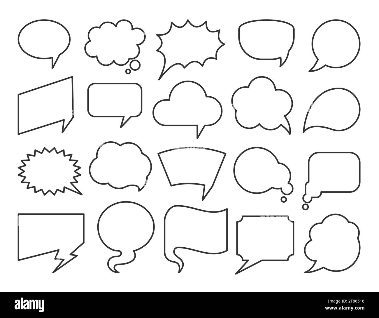 Symbol für Sprechblasenlinie eingestellt. Leere Gliederungselemente für Comic, Textnachricht, Chat-Kommentar, Ideen-Gedanken, Diskussion. Sprich Ballonformen, rede Wolken, Cartoon Think Banner, Note Label Stock Vektor