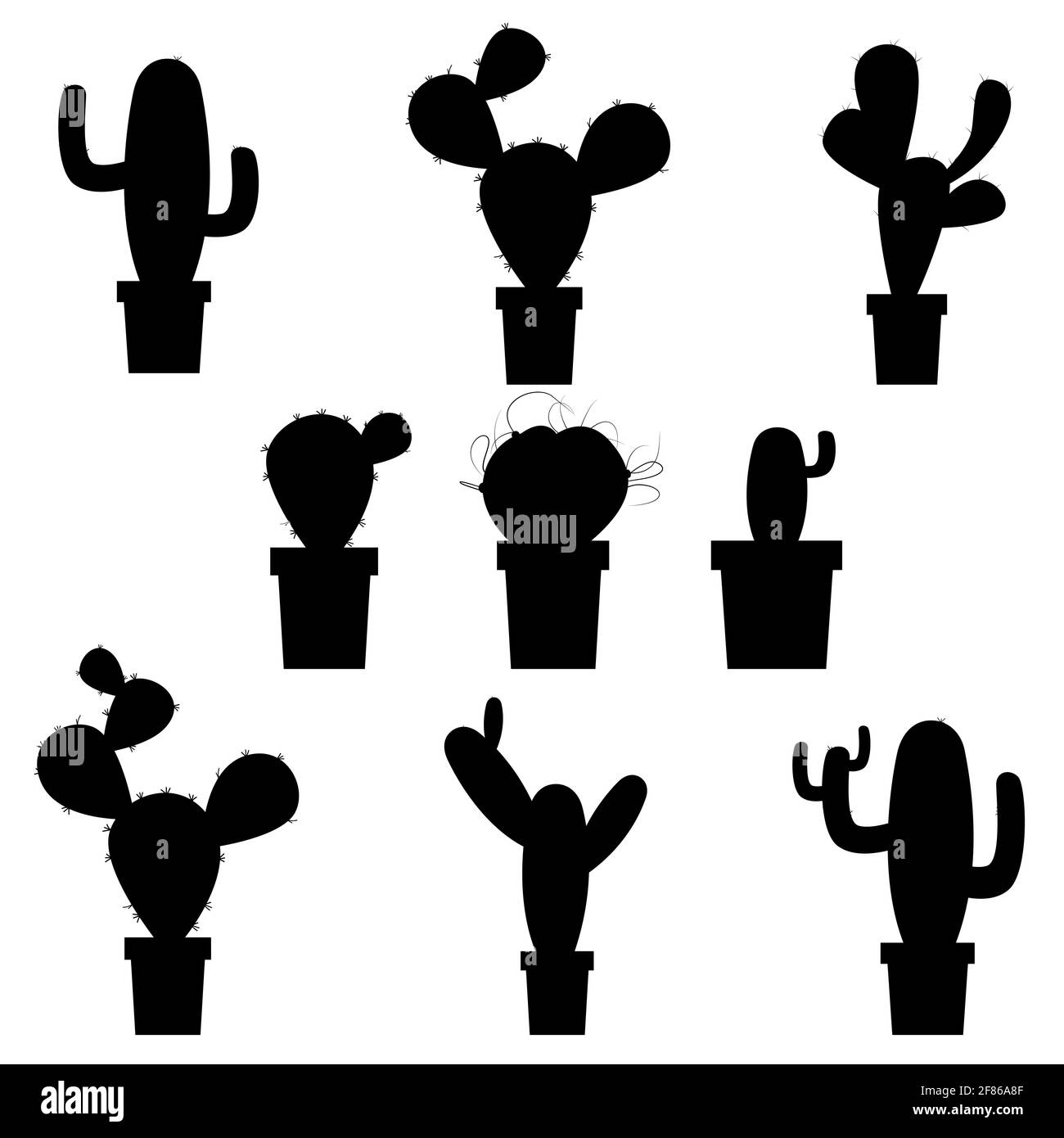 Eine Reihe von Kakteen, Silhouetten von Kakteen in einem Topf. Vektor auf weißem Hintergrund isoliert. Stock Vektor