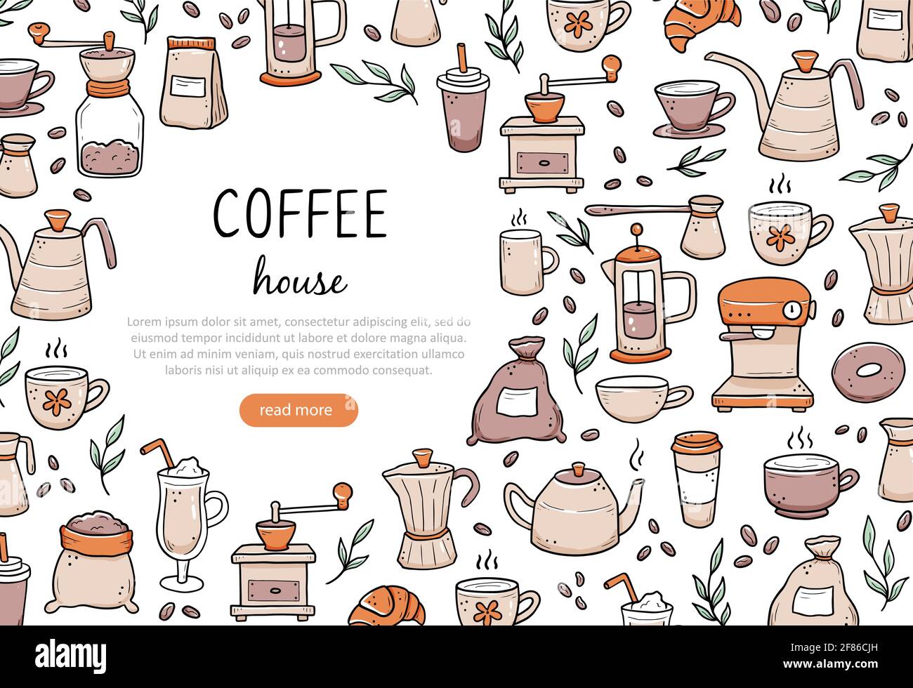 Handgezeichnet von Website-Banner-Vorlage mit verschiedenen Kaffeemaschinen und Desserts auf weißem Hintergrund. Doodle-Skizzenstil. Vektor-Illustration für Café, Café, Restaurant Banner, Hintergrund, Rahmen Stock Vektor