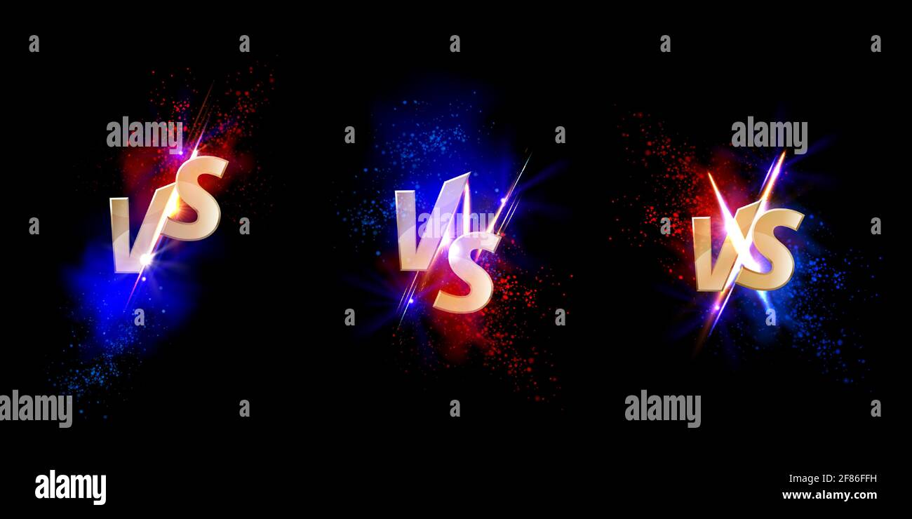 Versus VS Gold-Schilder mit Schimmer und Funken auf blauen und roten Seiten. Sport Konfrontation Symbole auf schwarzem Hintergrund. Martial Arts Kampf, Kampf, Wettbewerb Herausforderung, realistische 3d-Vektor-Set Stock Vektor