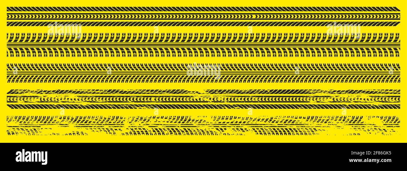 Schwarze Autoreifenspuren, Gummiradandruck auf der Straße oder auf Schmutz. Grunge-Spur von LKW-, Motorrad- oder Fahrzeugreifen. Vektorgrafik Satz von Profilmarken isoliert auf gelbem Hintergrund Stock Vektor
