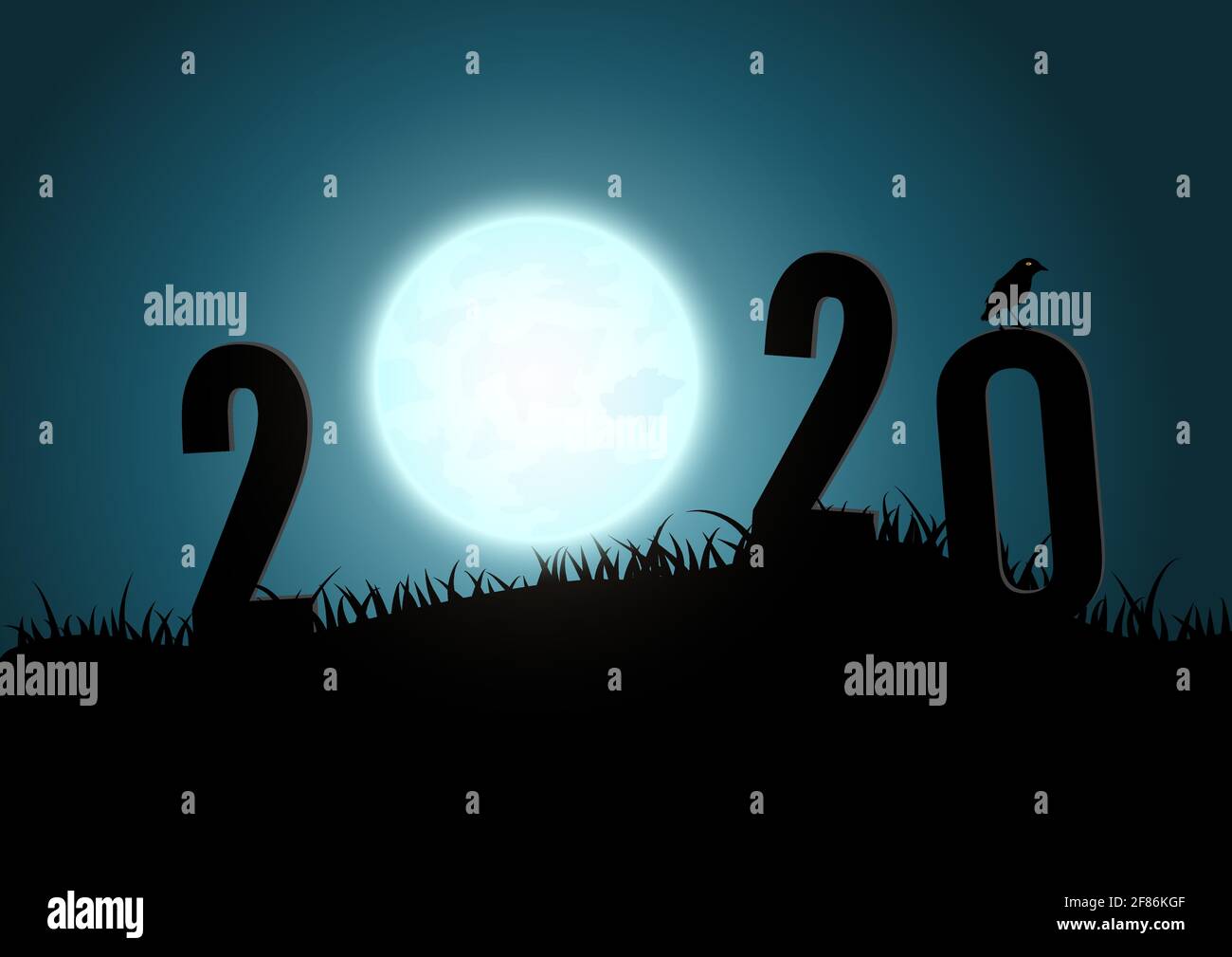 Silhouette von Zahlen 2020 Berge mit Mond. illustrator-Vektor. Stock Vektor