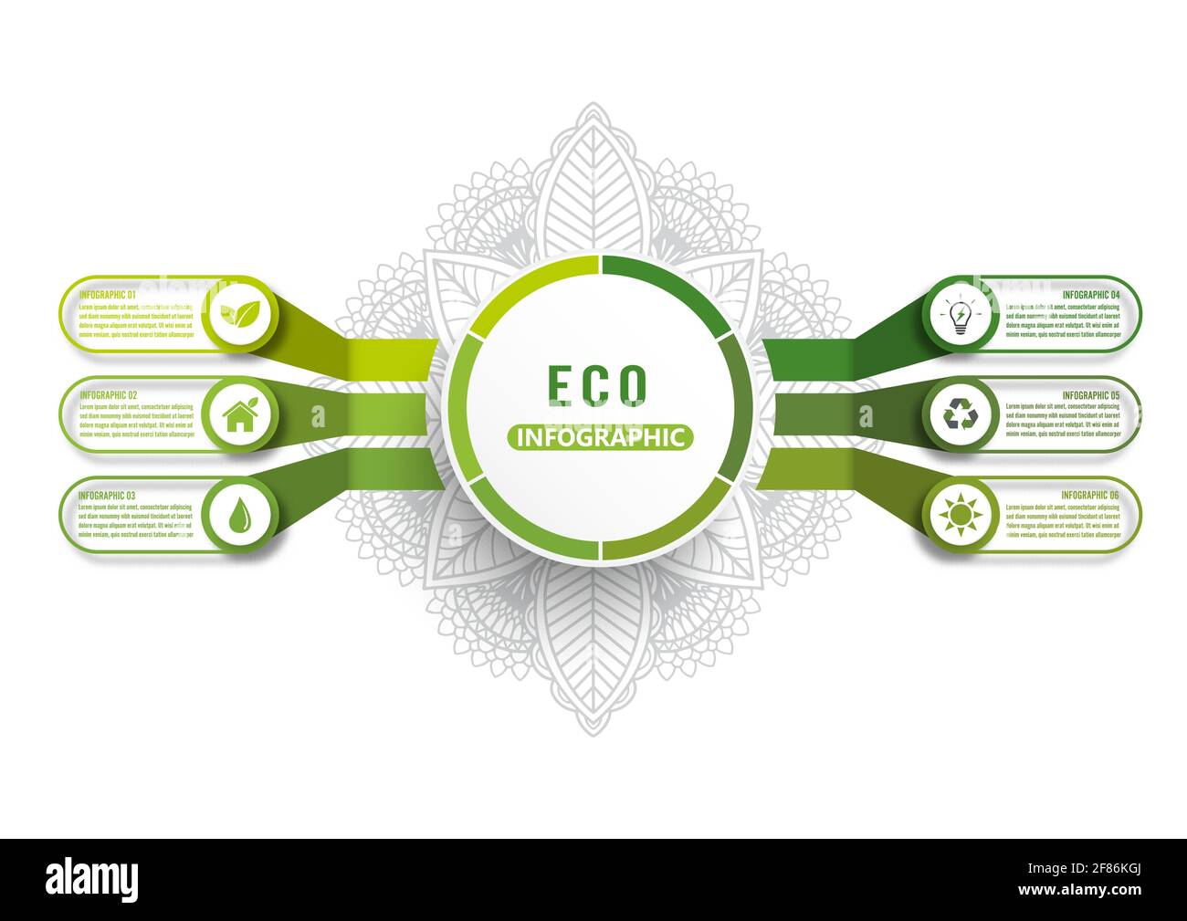 Vektor-Infografik-Vorlage mit 3D-Papieretikett, moderne grüne Ökologie Design Layout Infografiken 6 Optionen. Vorlage für Broschüre. Stock Vektor