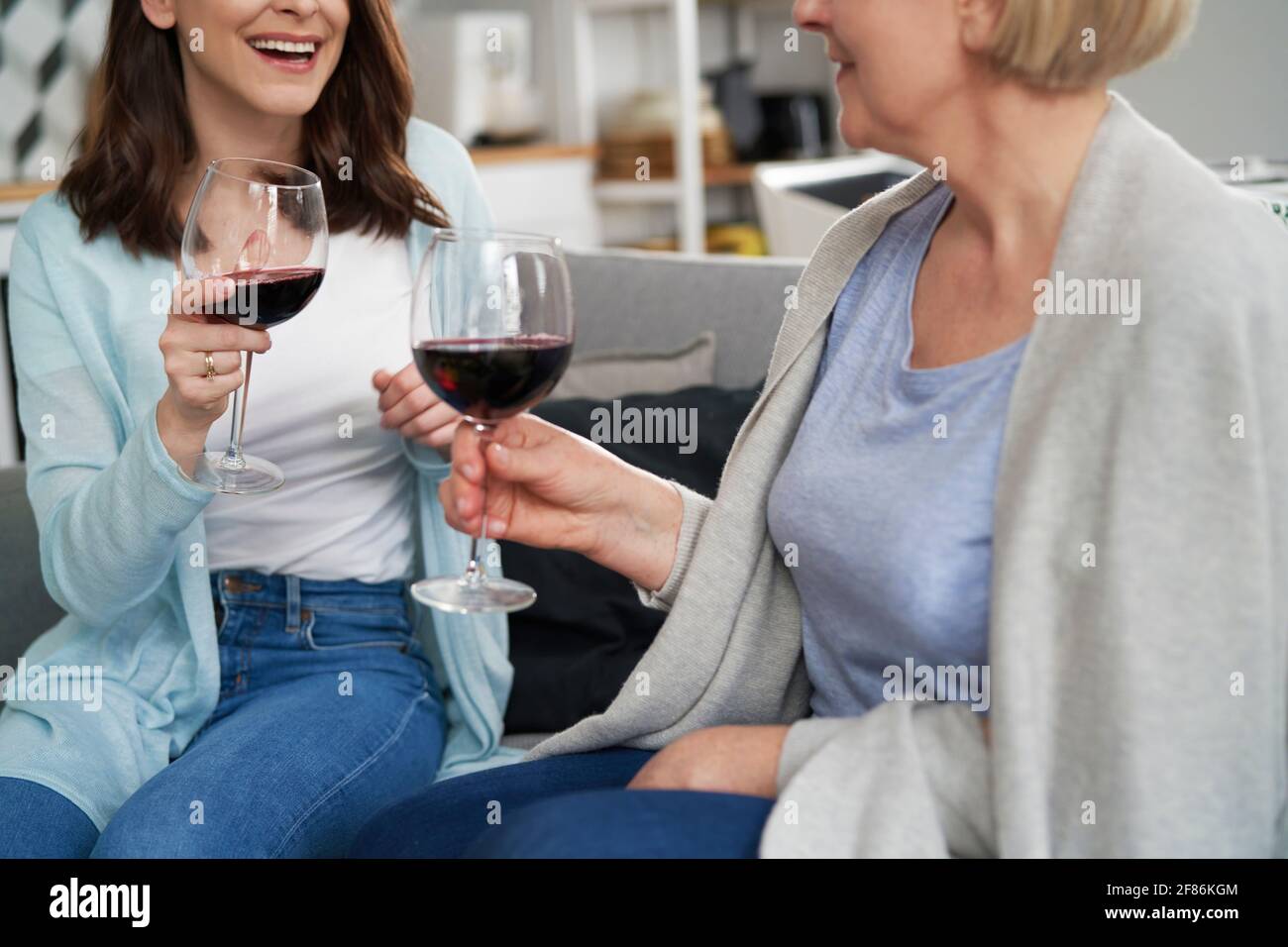 Nahaufnahme von zwei Frauen, die zu Hause Wein trinken Stockfoto