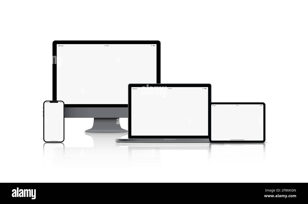 Mockup Gadget-Gerät. Smartphones, Tablets, Laptops und Computer-Monitore schwarze Farbe mit leerem Bildschirm isoliert auf weißem Hintergrund. Stock Vektor