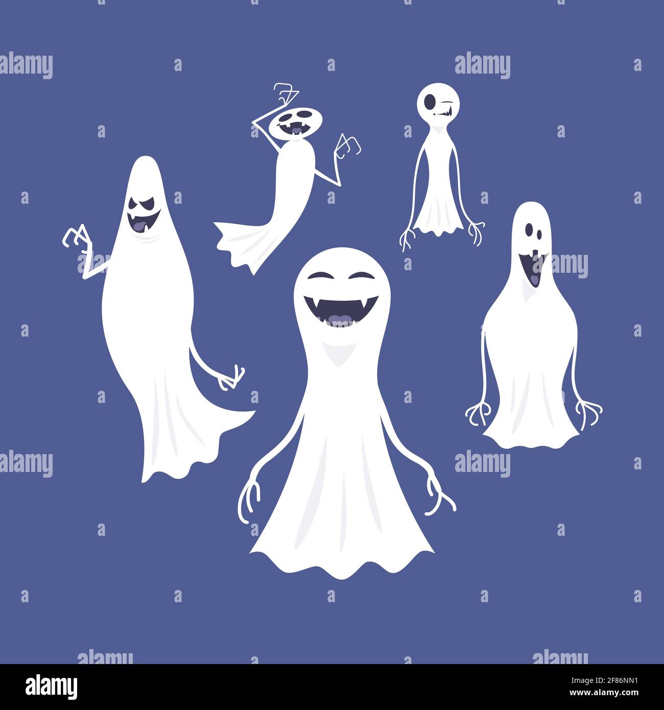 Das Set von niedlichen Cartoon Geister in der flachen Stil sie lächeln und machen Gesichter das Set ist auf einem blauen Hintergrund isoliert. Stock Vektor