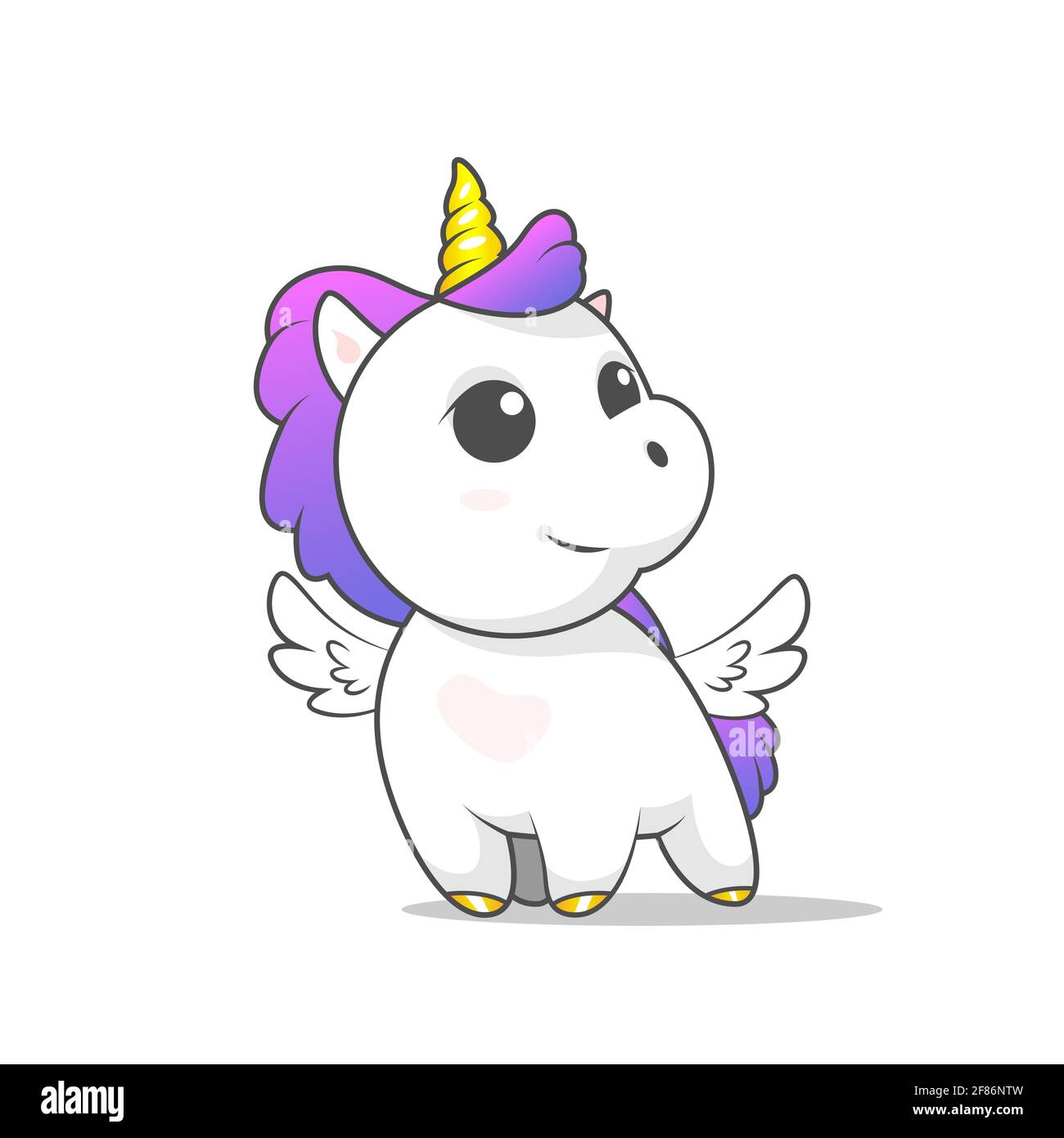 Das niedliche weiße Cartoon-Einhorn mit goldenem Horn, Hufen und weißen Flügeln hat auch eine lila Mähne und einen Schwanz ist es auf einem weißen Hintergrund isoliert. Stock Vektor