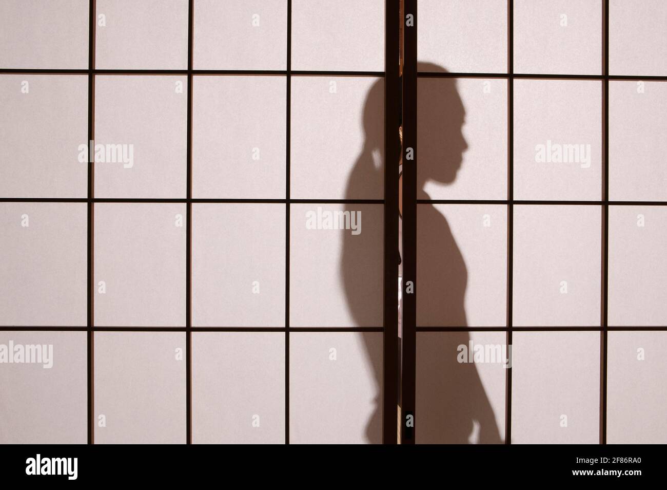 Schatten einer jungen Frau hinter Shoji-Schiebetüren Stockfoto