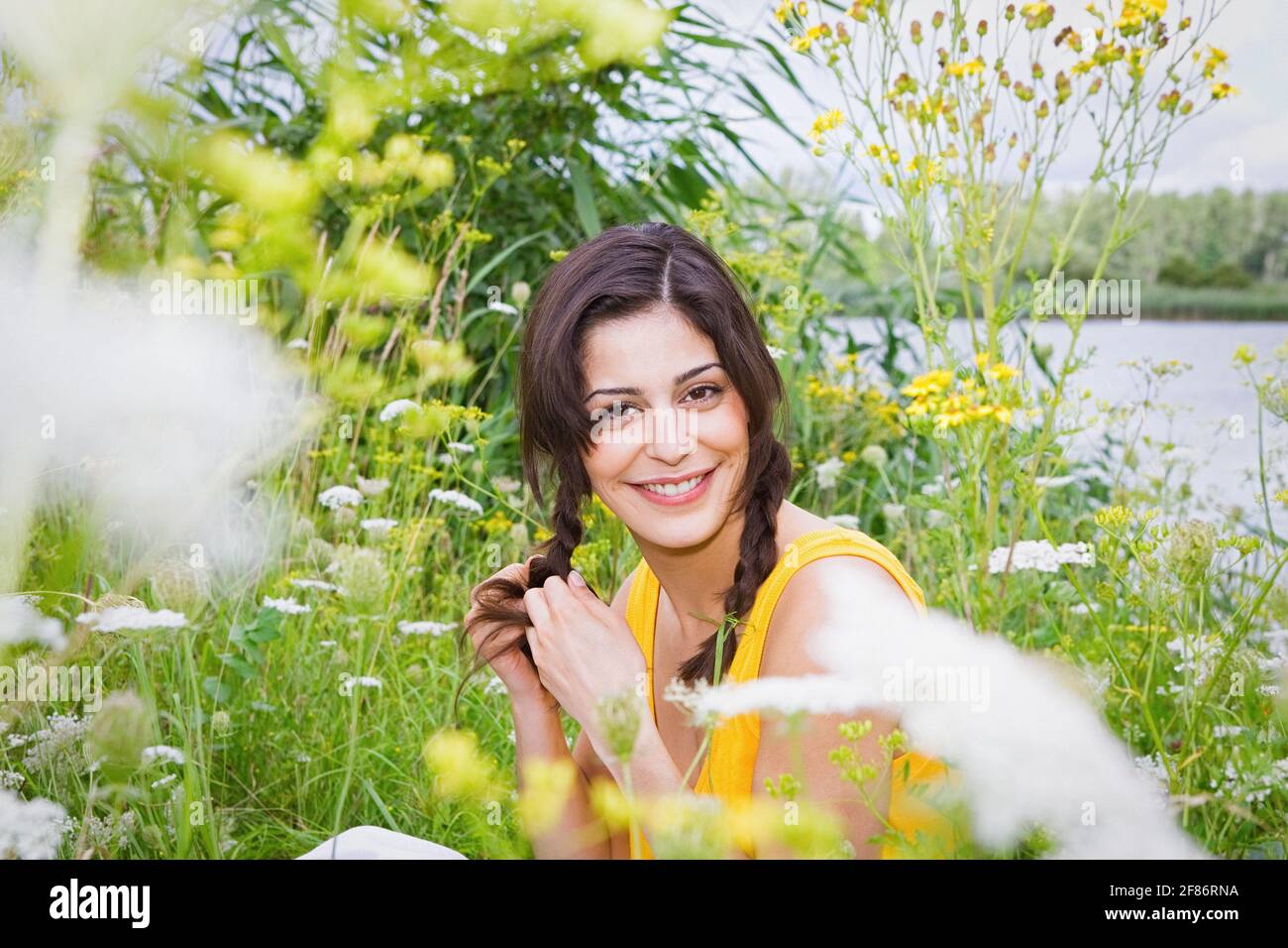 Portrait schöne junge Brünette Frau mit Zöpfen auf der Wiese Stockfoto