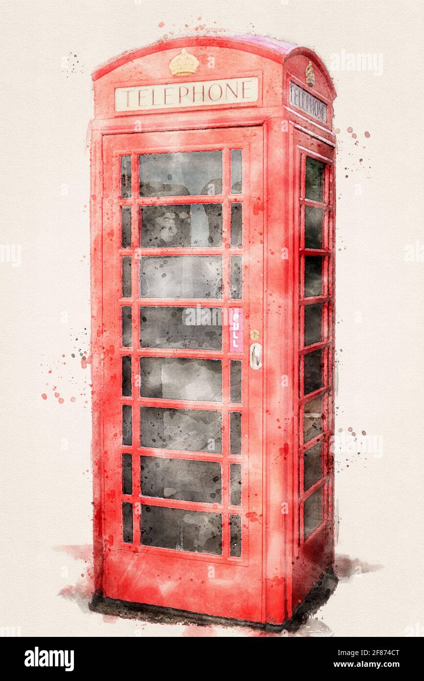 Rote Telefonbox. Typisch britische Telefonzelle. Aquarelle, Aquarell-Illustration. Stockfoto