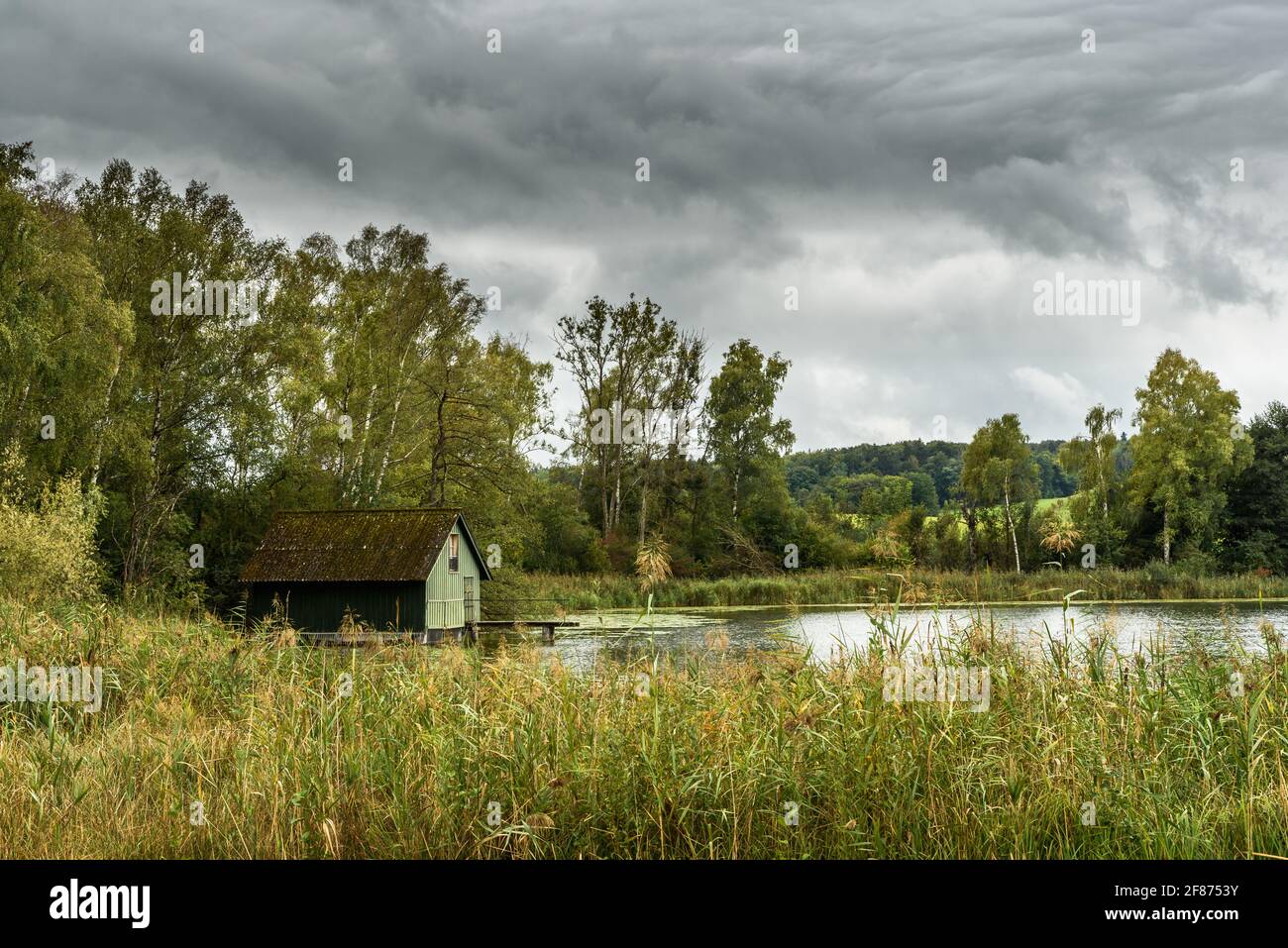 Einsame Hütte in idyllischer Landschaft am Nussbaumer See im Kanton Thurgau in der Schweiz. Stockfoto