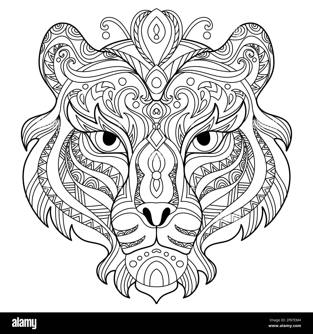 Kopf des Tigers. Abstrakte Vektorkonturdarstellung isoliert auf weißem Hintergrund. Für Erwachsene Anti Stress Malbuch Seite mit Doodle und zentangle e Stock Vektor