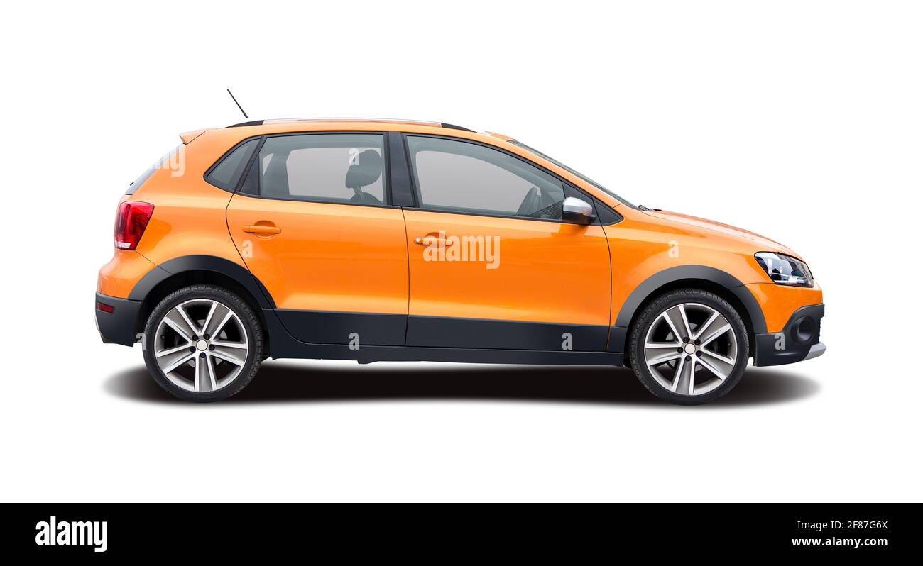 VW Polo Cross Seitenansicht isoliert auf weißem Hintergrund Stockfoto