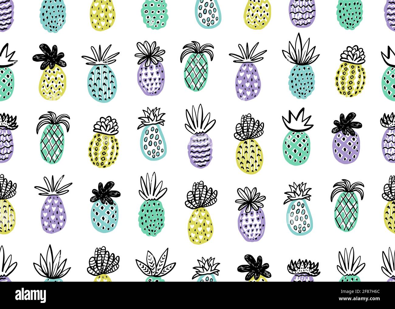 Nahtloses Ananasmuster. Handgezeichnete Ananas mit verschiedenen Texturen in Pastellfarben. Exotische Früchte Hintergrund für Fashion Print, Textil, Stoff, Stockfoto