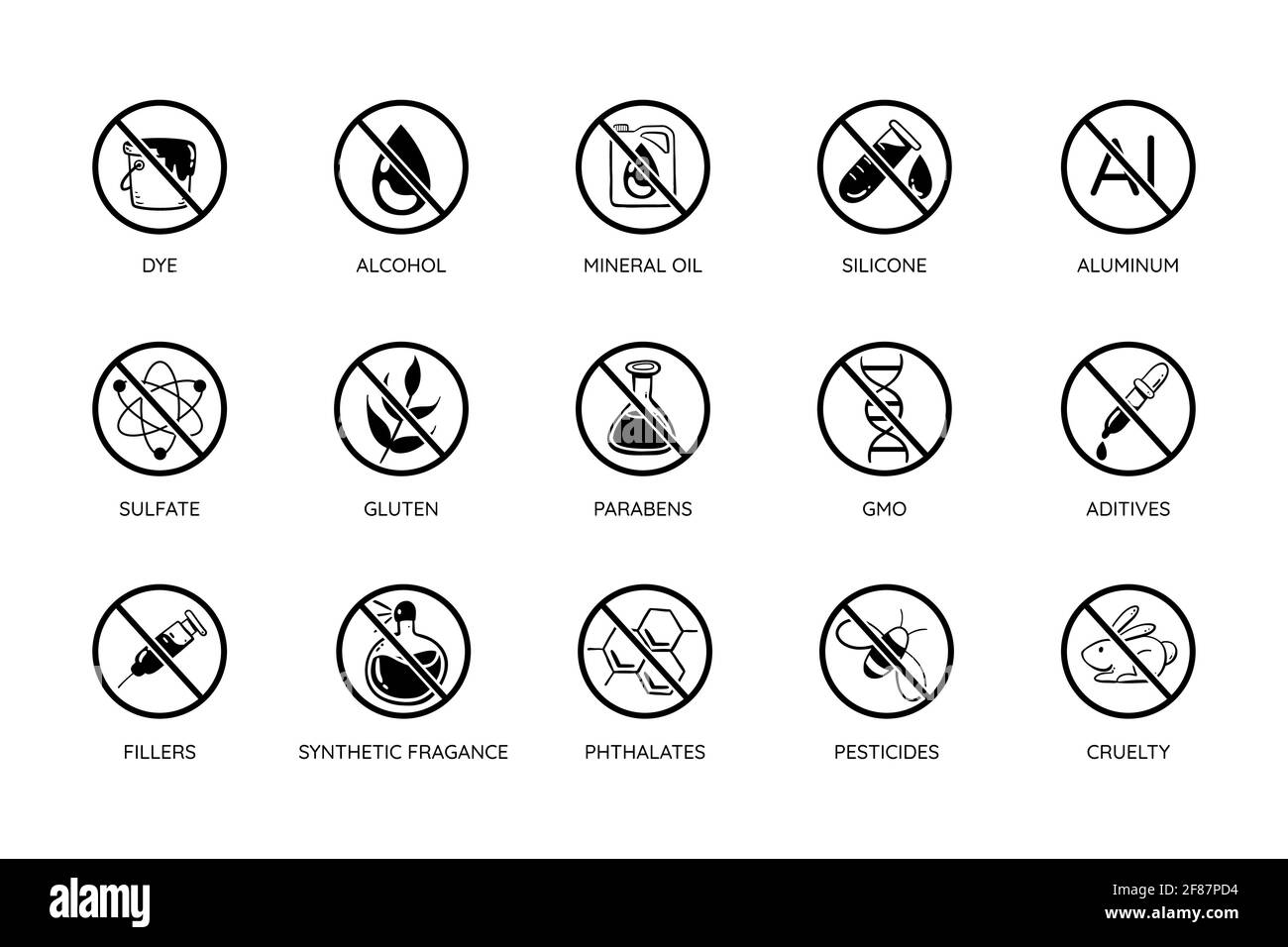 Giftig frei Symbolsatz. Monochromatisches Design. Grausamfrei, frei giftig: Alkohol, Mineralöl, Silikon, Aluminium, Sulfate, Parabene... Perfekt für die Natur Stock Vektor