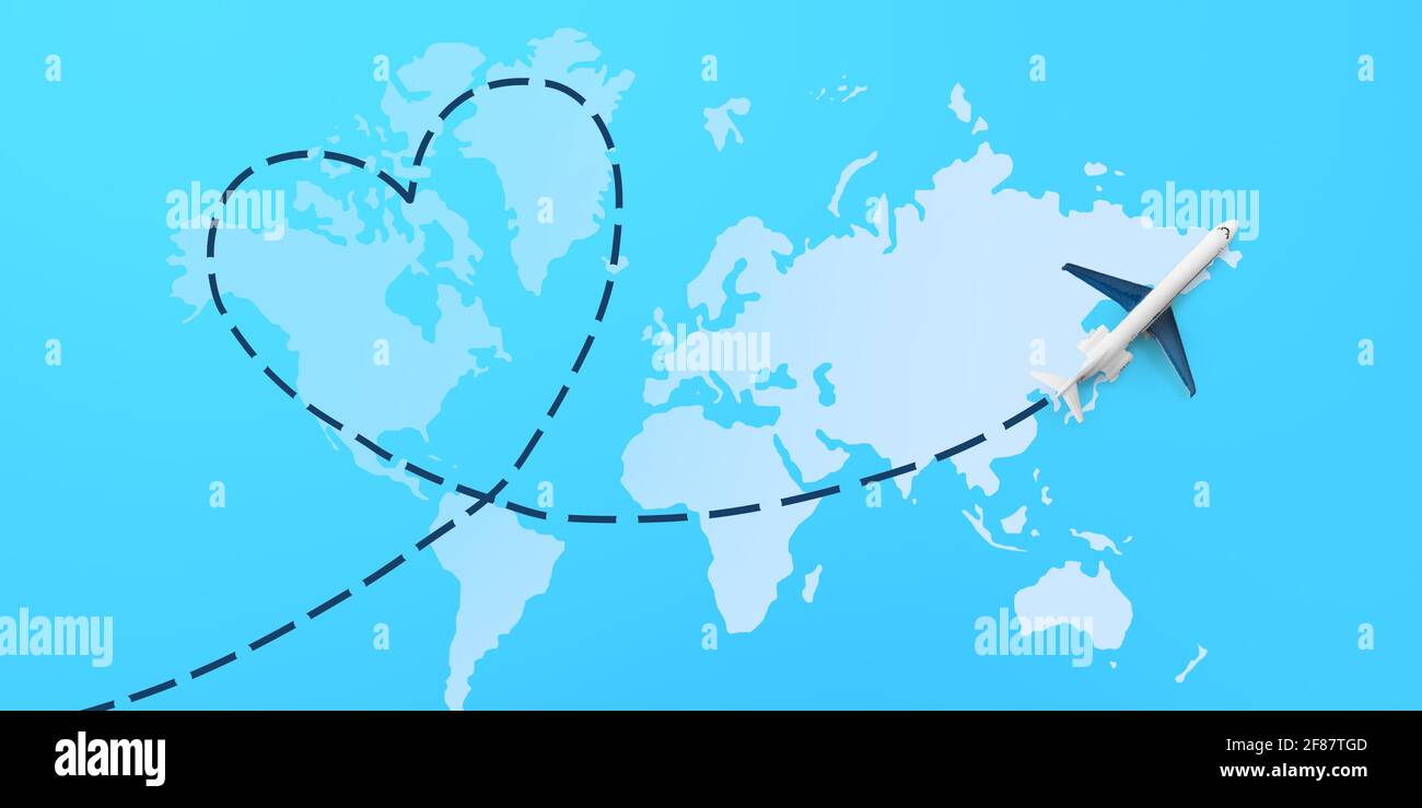 Flugzeug geht herzförmige Richtung über Karte Stockfoto