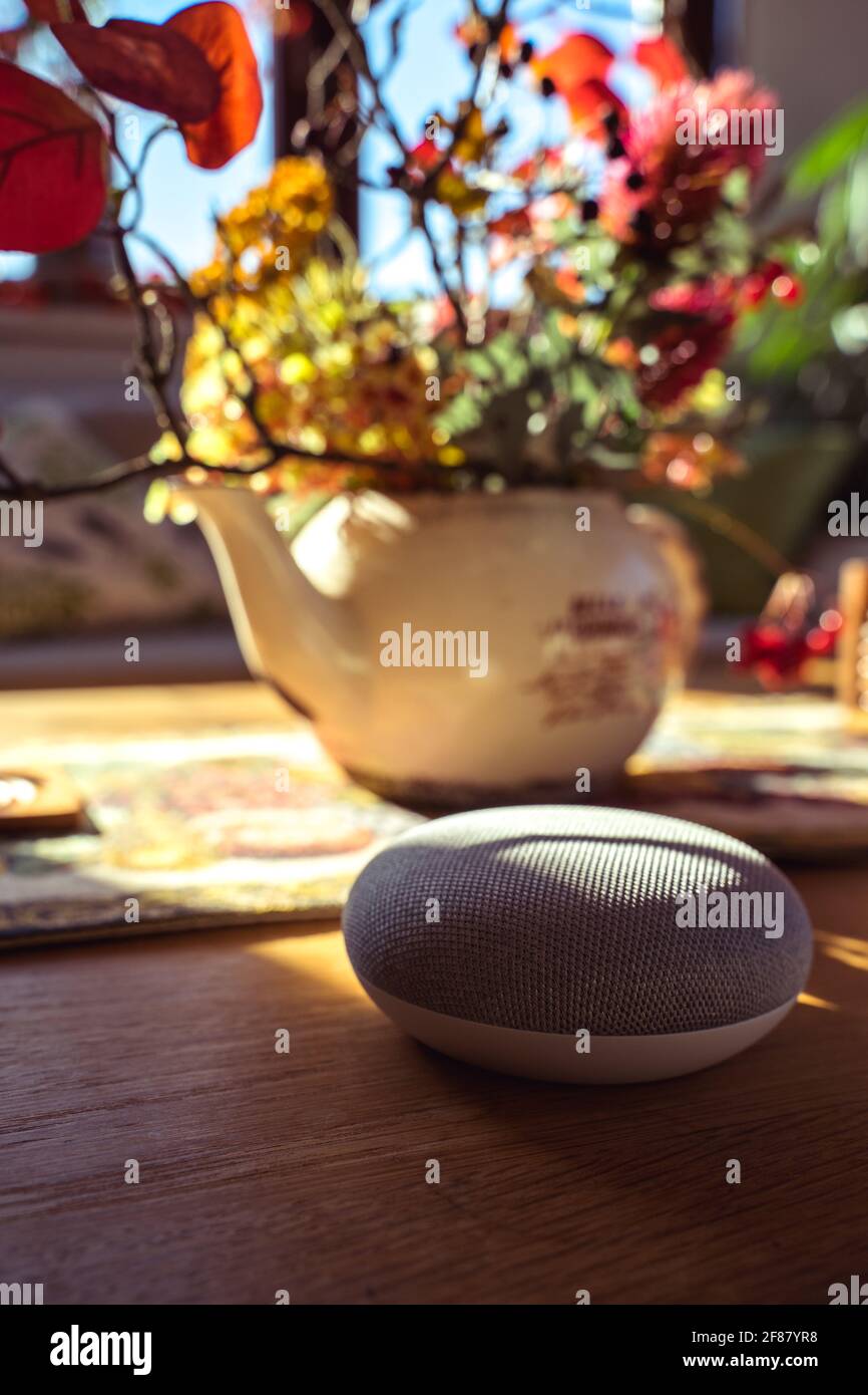 Sprachgesteuerter intelligenter Lautsprecher mit einer Frau im Hintergrund in einer Innenraumumgebung. Intelligentes AI-Lautsprecherkonzept Stockfoto