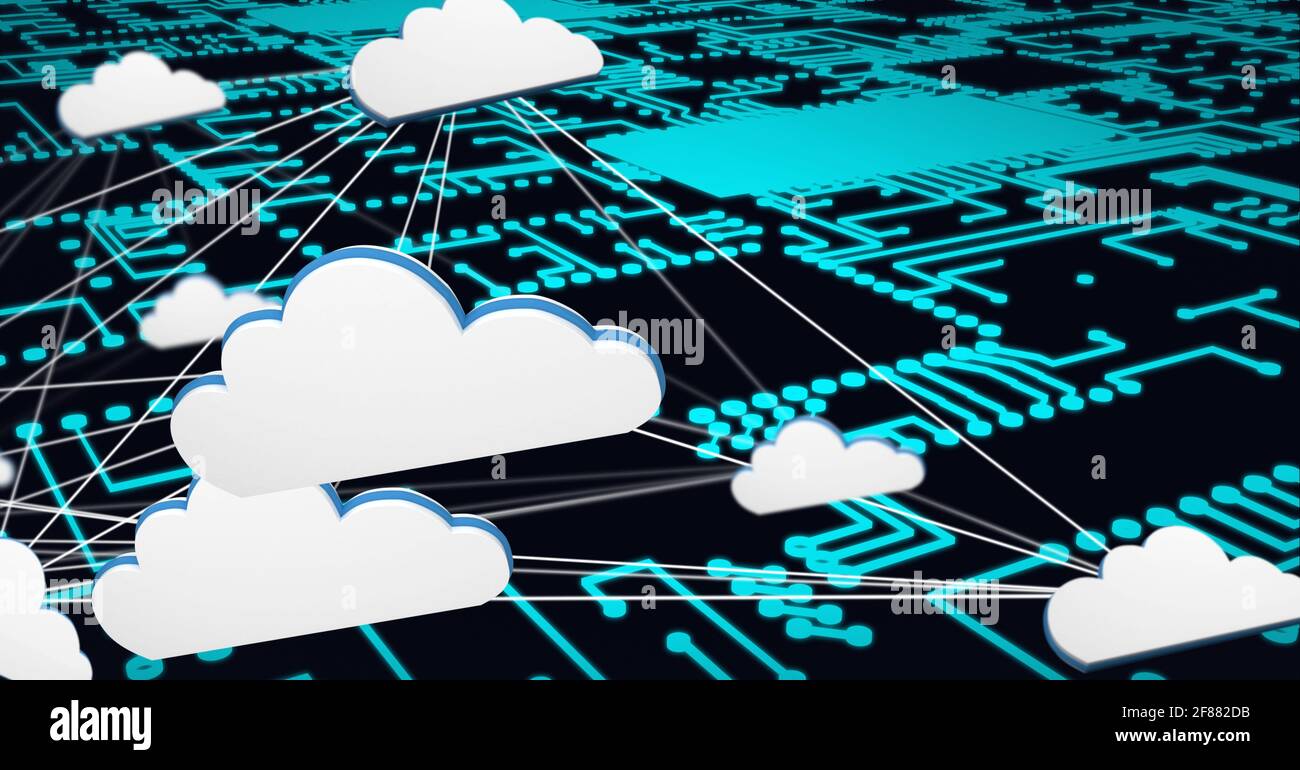 Zusammensetzung des Netzwerks aus Symbolen der digitalen Cloud über Prozessorschaltung Platine Stockfoto