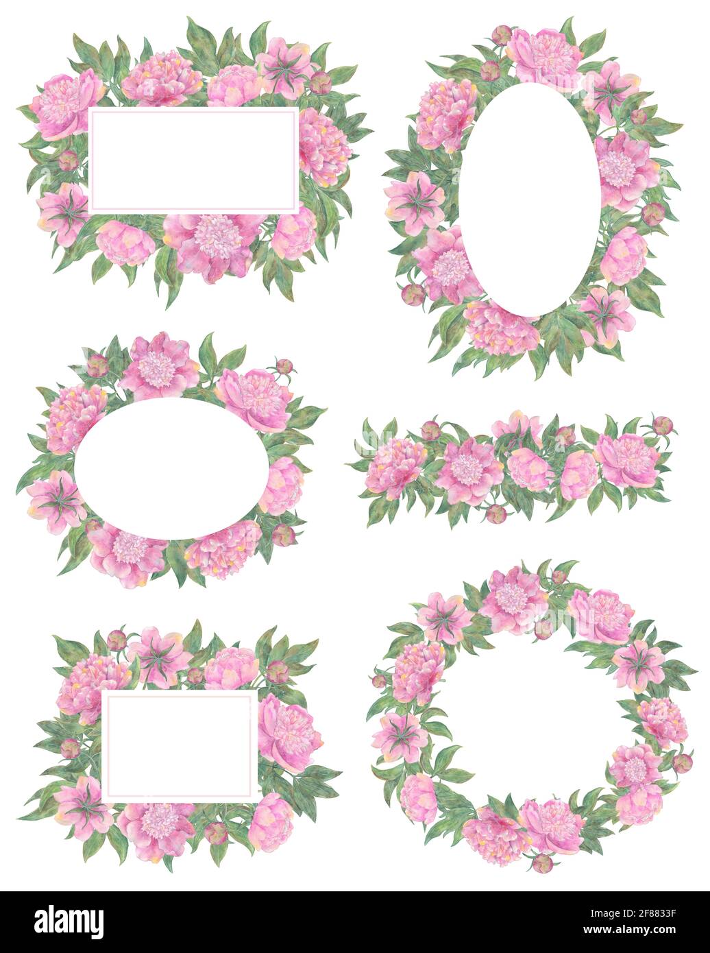 Design-Set mit floralen Bordüren und Rahmen von schönen Pfingstrosen Blumen isoliert auf weiß. Handgezeichnete Aquarellillustration, Saison Sommer und Frühling c Stockfoto